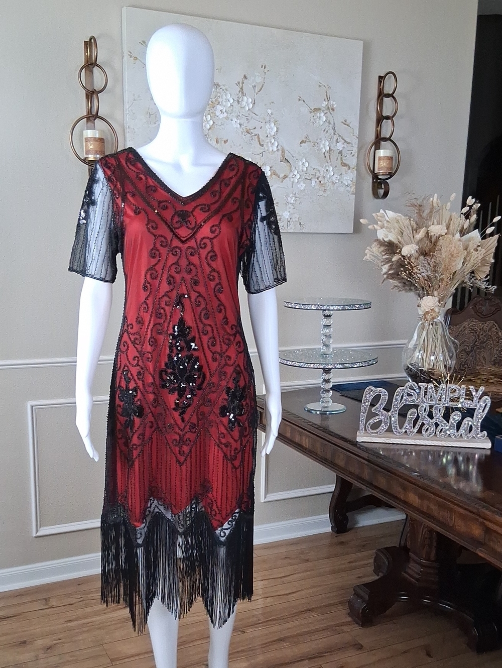 New Women's Red And Black Beaded V-Neck Fringe Cocktail Summer Dress Medium - Picture 4 of 16
